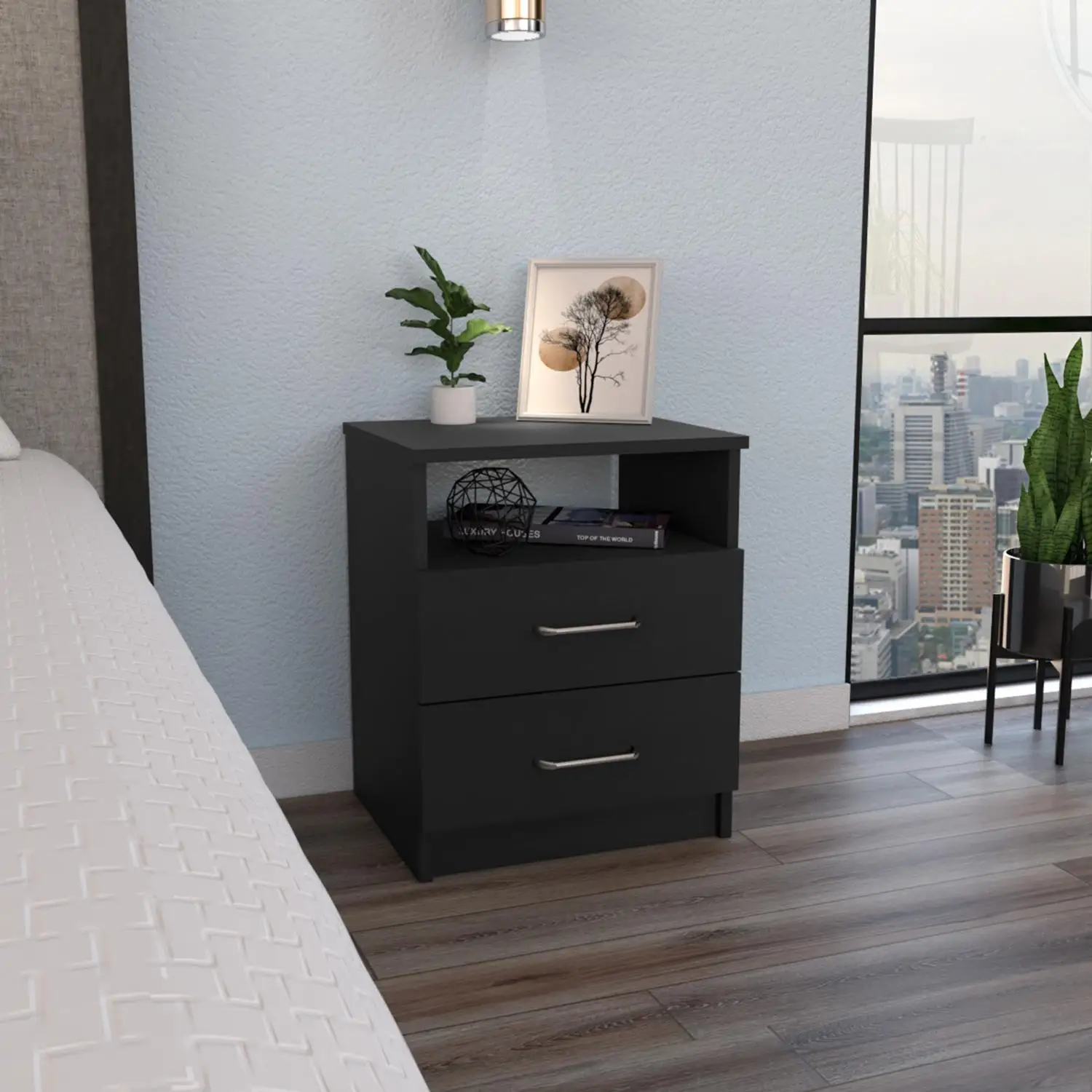 

Napoles Nightstand, Superior Top, Two Drawers, One Shelf Black