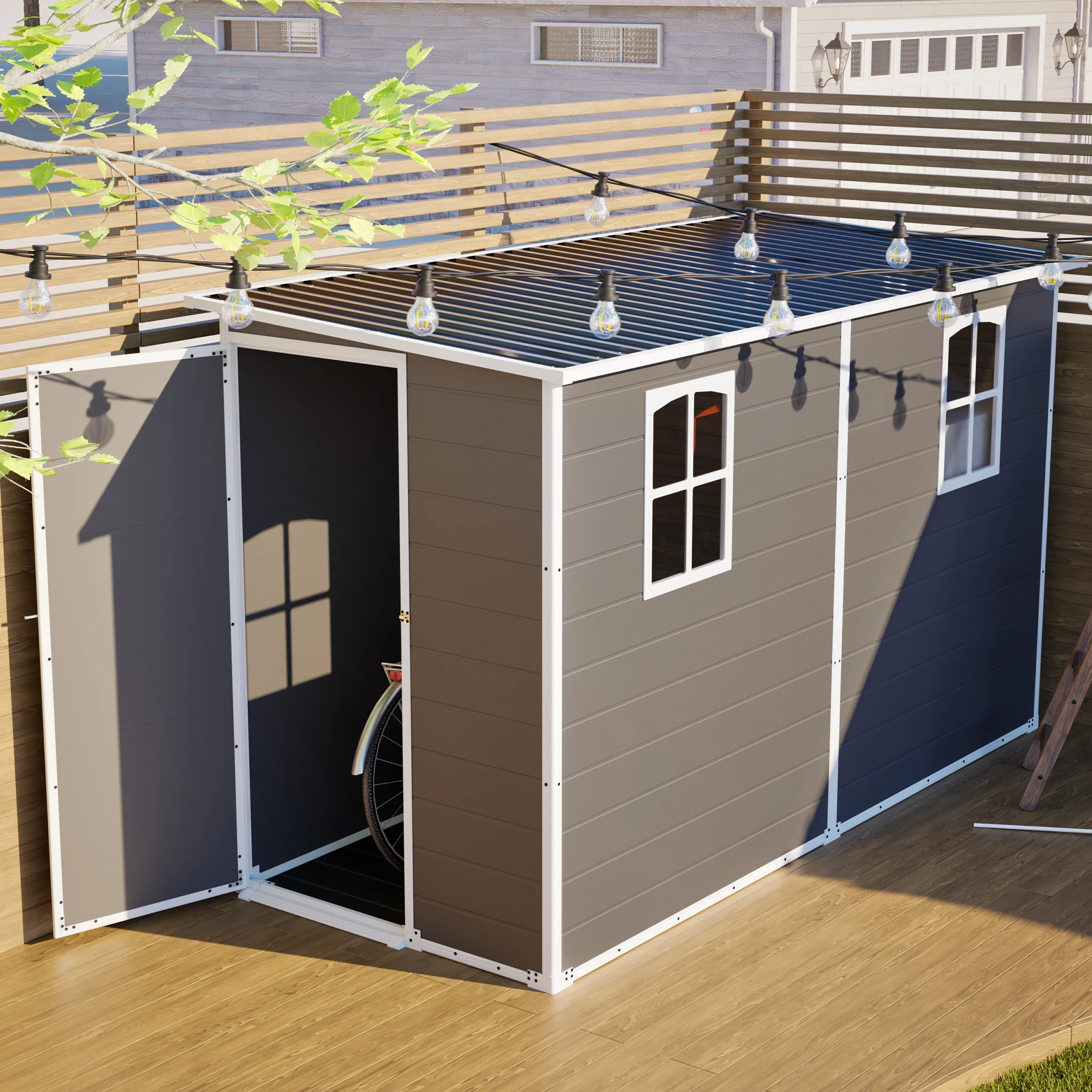 119×48×73in  Gray Plastic Garden Storage House with Transparent Windows & Secure Lock Heavy Duty UV Protected Resin Outdoor Shed,Waterproof Galvanized Metal Roof for Backyard, Lawn, Patio Equipment Storage