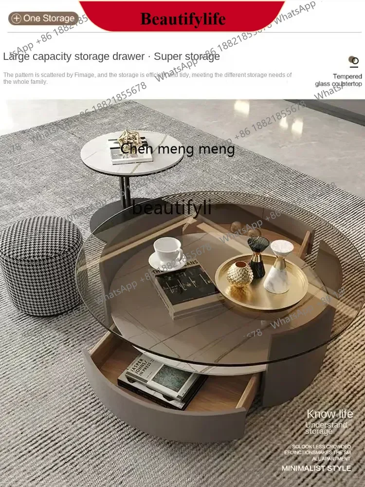 D178  Y zq Stone Plate Double-Drawer round Tea Table Italian-Style Home Modern Minimalist Nordic Retractable TV Cabinet
