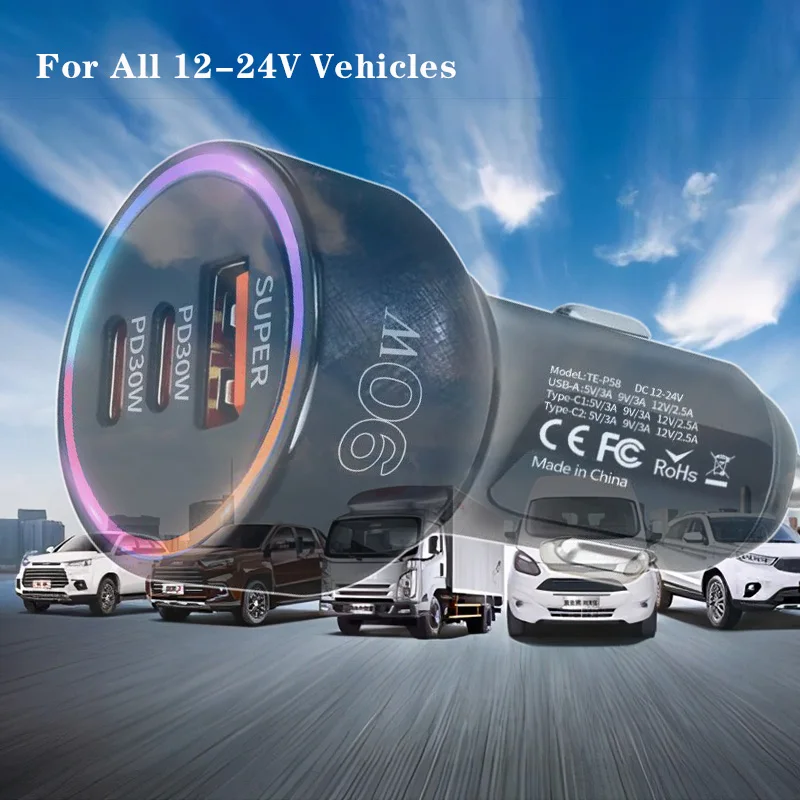 شاحن سيارة فائق السرعة بقدرة 90 وات 3 منافذ QC3.0 + 2xPD30 وات لهواوي/آيفون/سامسونج/شاومي/فيفو محول ولاعة سجائر سريع الشحن