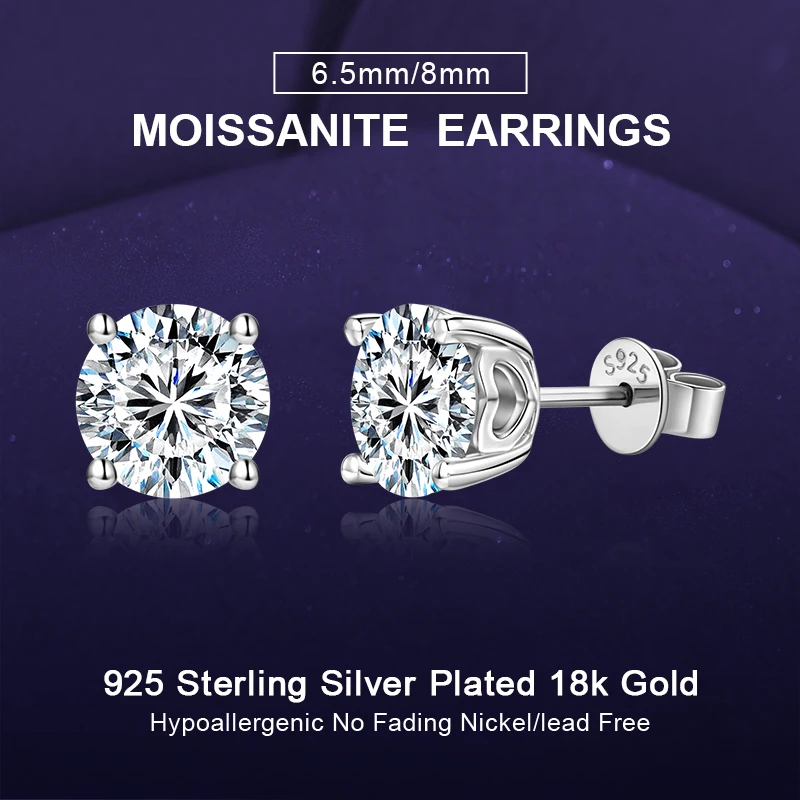 

IOGOU 6.5mm/8mm 1CT/2CT D Color Moissanite Stud Earrings for Women Men 925 Silver Original Classic Wedding Lab Diamond Earrings