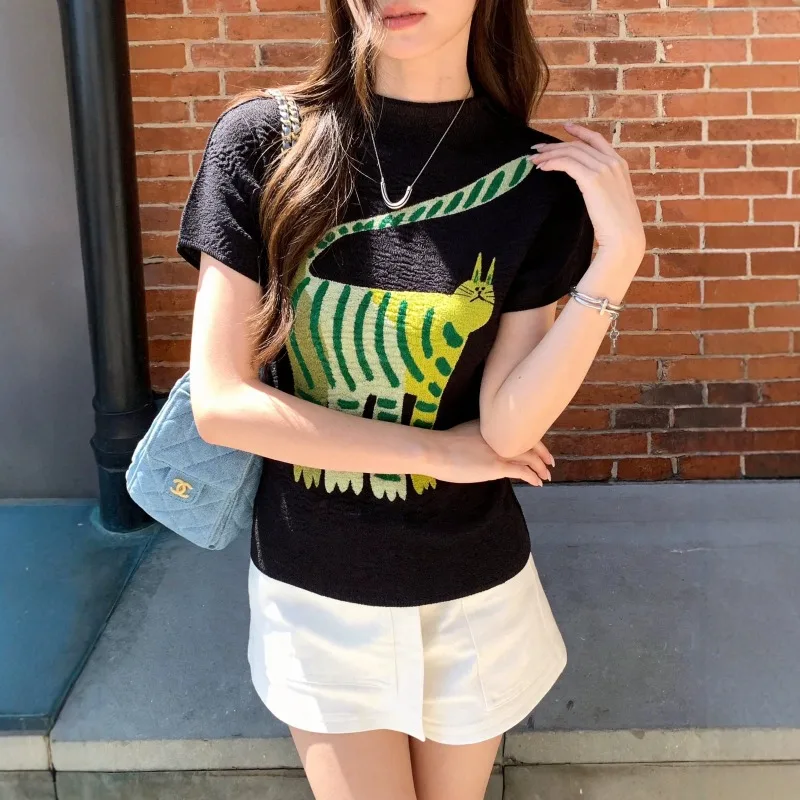 

Miyake Pleated T-Shirt Plisse 2026 Summer New Black Cartoon Cute Cat Inner Layer Women's Versatile Slimming Casual Elegant Top