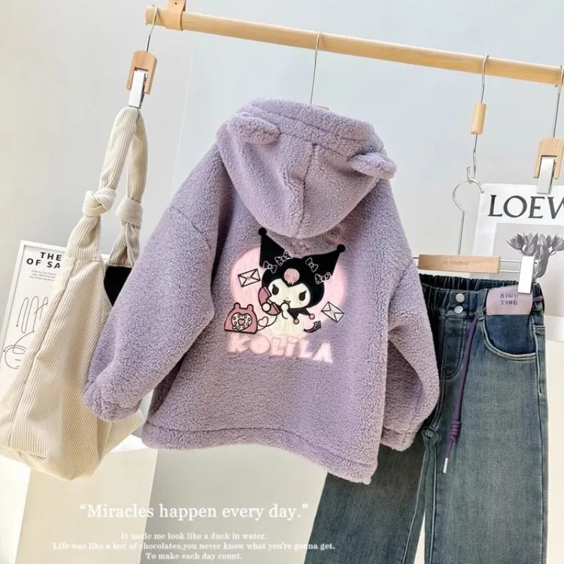 

Kawaii Kuromi Sanrio Children Cute Cartoon Plus Velvet Hoodie Student Thermal Sportswear Hooded Jacket Christmas Gifts for Kids