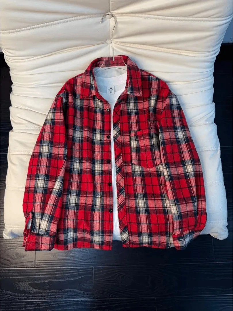 

Red American Retro Brued Plaid Men's Spring Casual irt Vintage Cheered Loose Fit Long Sve Youthful Sle Polyester C...