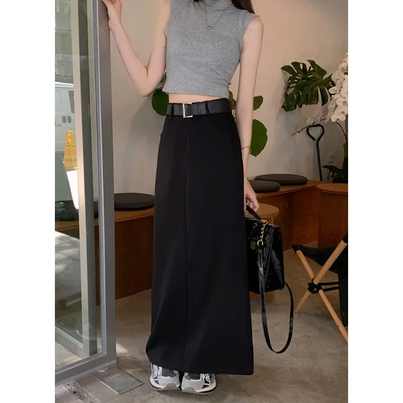 Elegant Women Long Black Suits Skirts for Female Pockets OL Casual High Waist Pencil Midi Skirt with Belt 2023 Summer