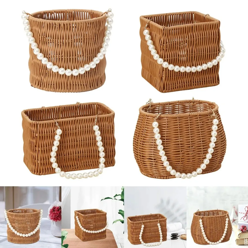 

Pearl Handle Imitation Rattan Basket Versatile Big Capacity Woven Flower Basket Kitchen Sundries Organizer Wedding Decoration