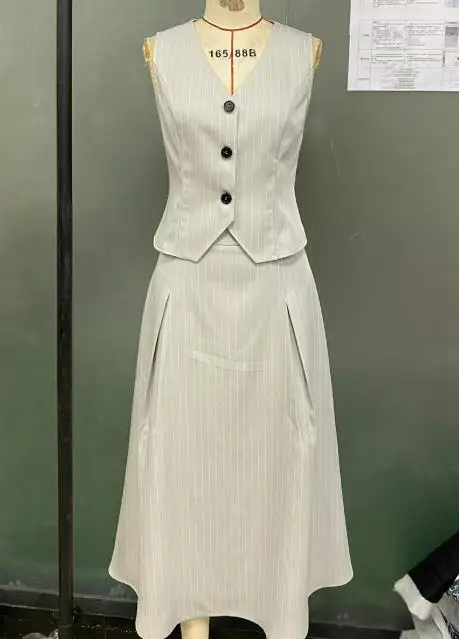 

Two Piece Set Women Outfit 2025 New Style Summer Fashion Striped V-Neck Sleeveless Vest & High Waist Casual Long Skirt Set
