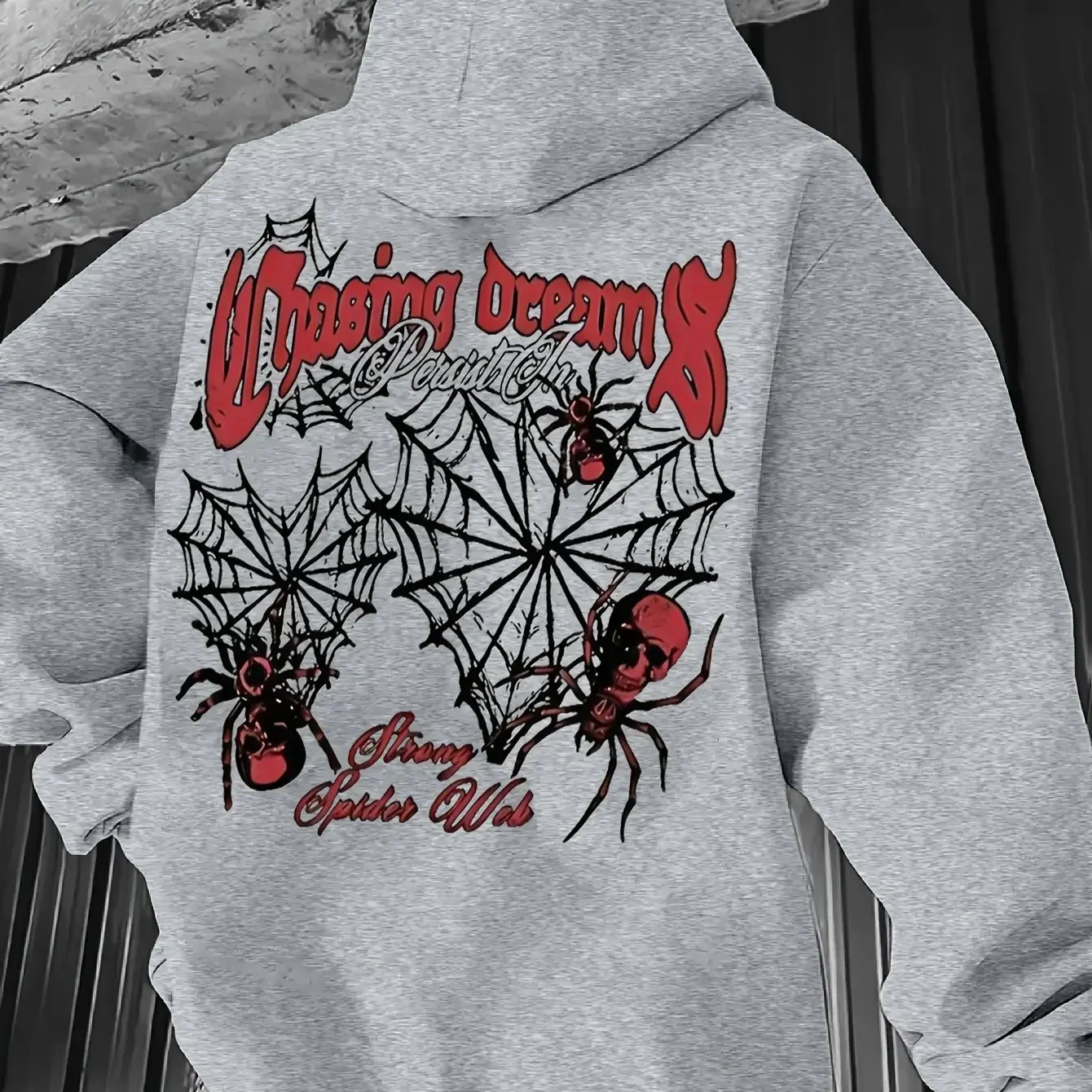 Men's Gothic Hoodie Chasing Dream Skull Spider Web Graphic Back Print Oversized Pocket Pullover Sweatshirt Dark Streetwear