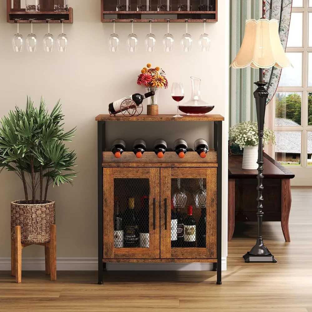 

US Shipping Wine Bar Cabinet with Detachable Rack, Coffee Station with Glass Holder, Rustic Brown Small Sideboard Buffet with
