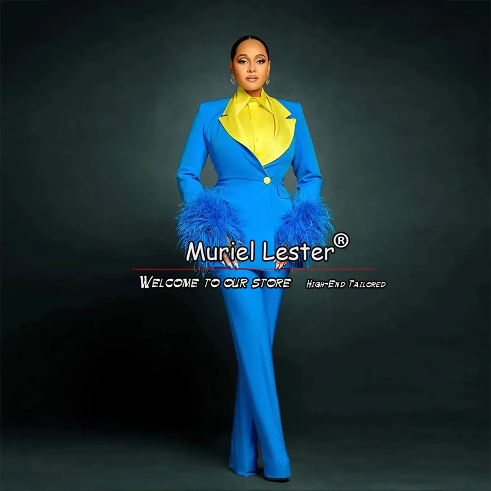 

Women Suits Plus Size Yellow Notched Jacket Pants 2 Pieces Set Lady Office Formal Party Feather Sleeves Mother Of Bride Dress