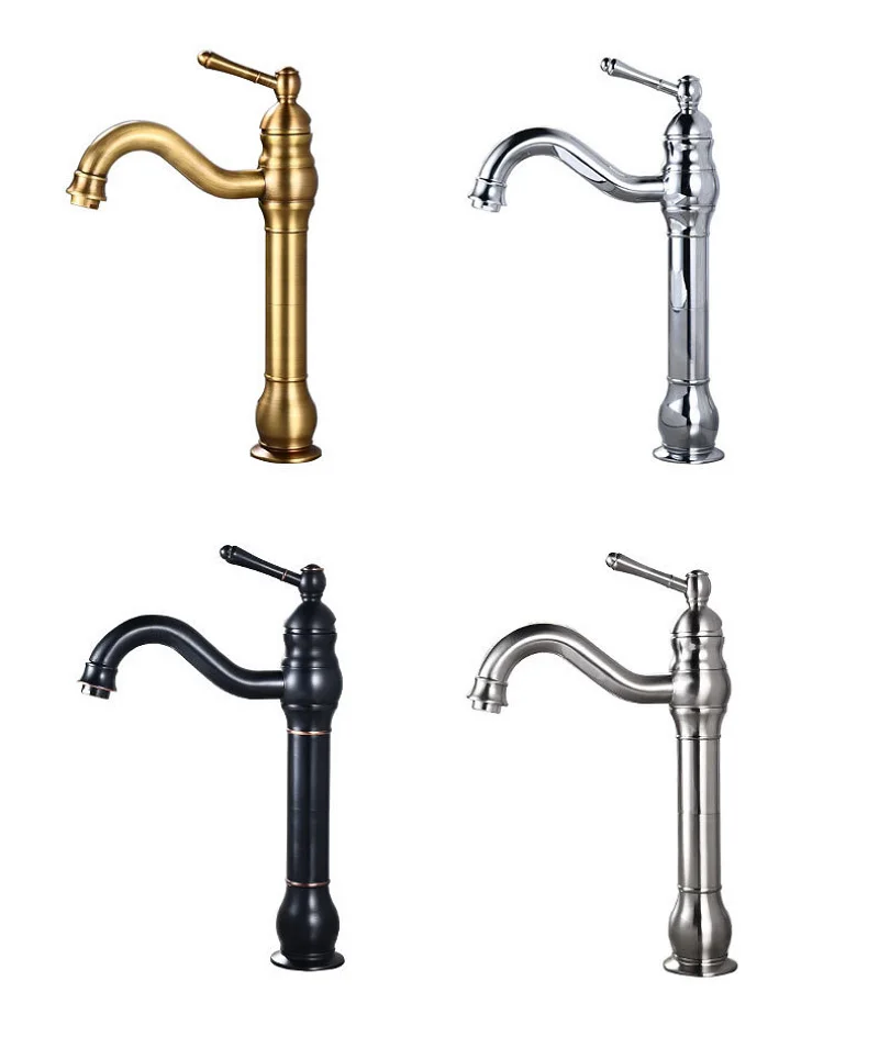 

Antique Brass Basin Faucet Bathroom Vessel Sink Faucet Tall Type Deck Mounted Rotation Long Spout Lavatory Hot Cold Mixer Tap