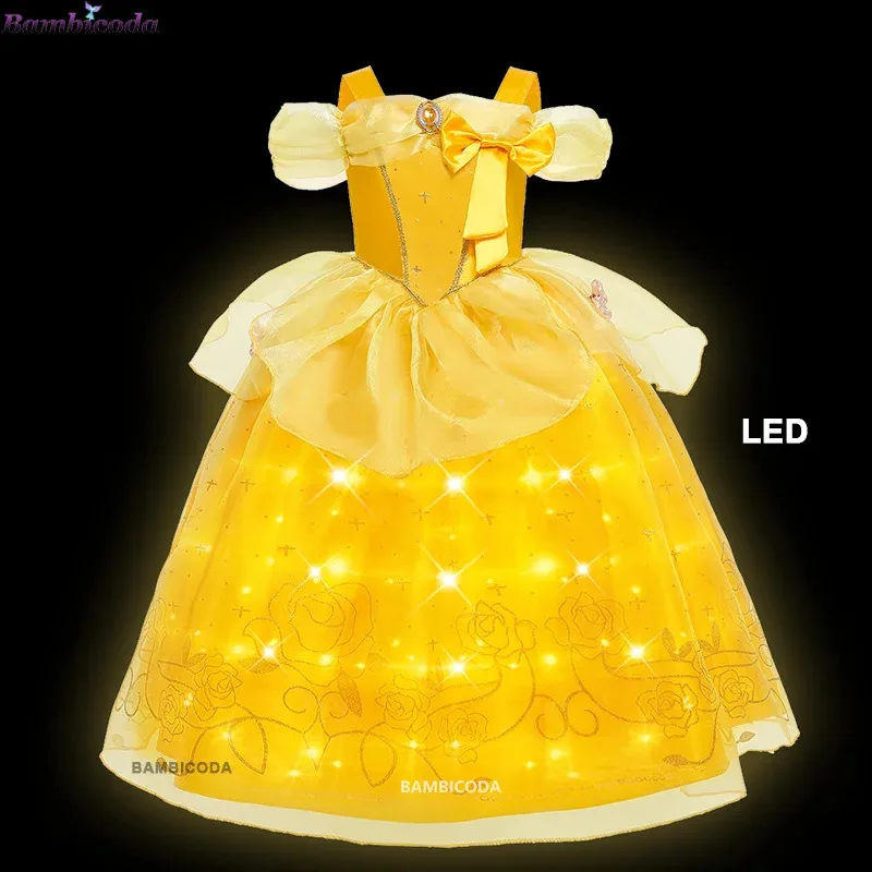 Elza belle princesa rainha da neve traje luz led vestido menina halloween ariel carnaval roupas crianças cosplay cinderela rapunzel