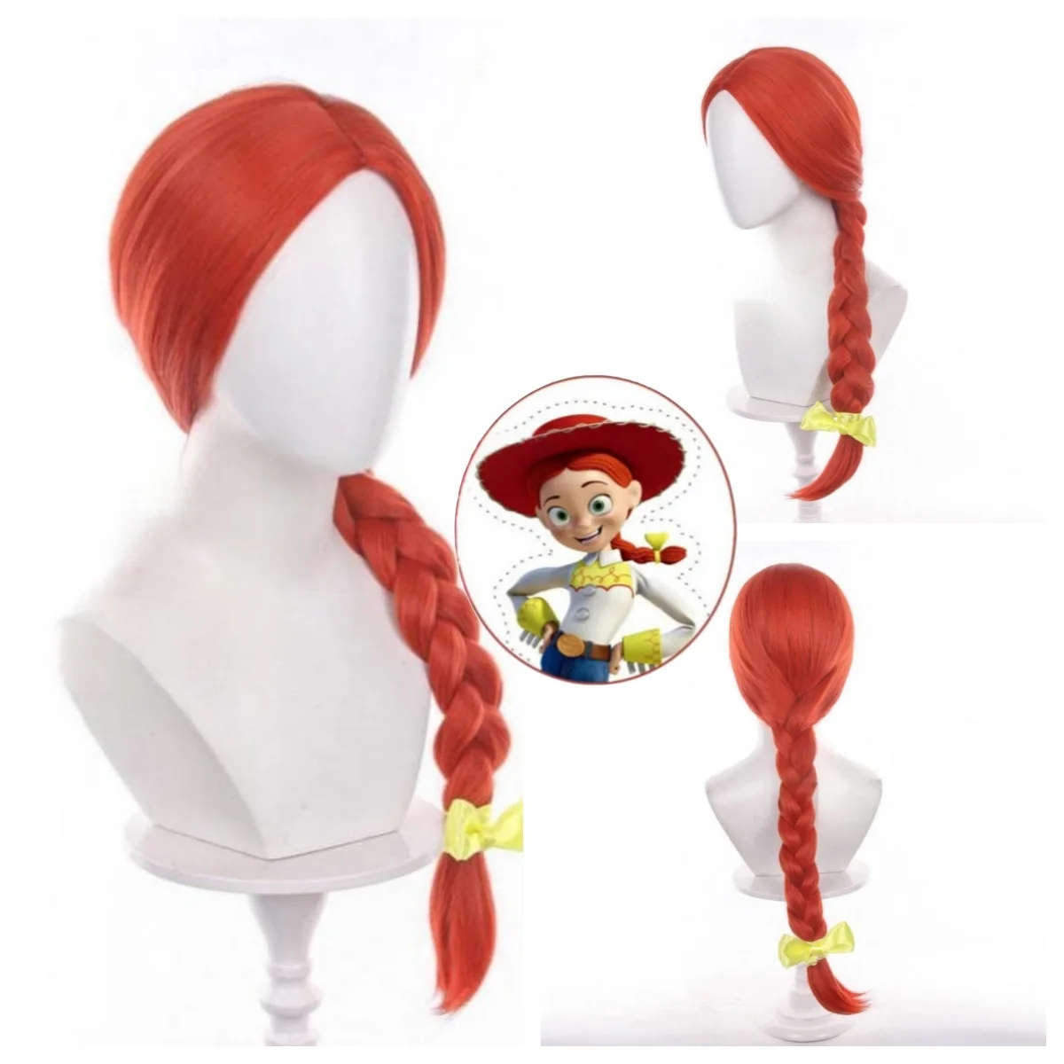 Peluca Larga Roja Sintética con Trenzas para Mujer, Disfraz de Vaquera Jessie, Fiesta de Halloween, Peluca Larga Trenzada Resistente al Calor, Gorro de Peluca Roja