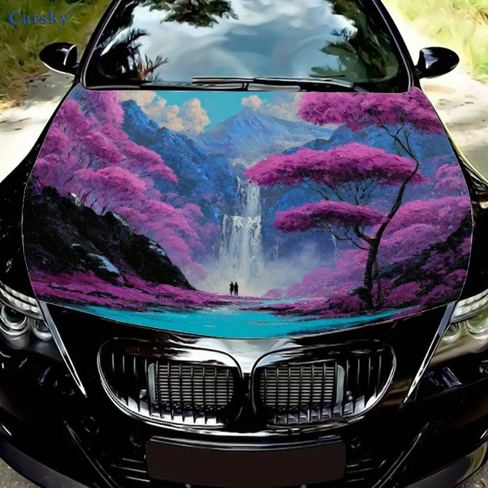 

Aesthetic Pink - Purple Secret - Land Car Hood Sticker, Waterfall & Flower - Tree Romantic Body Decoration Sticker, waterproof s