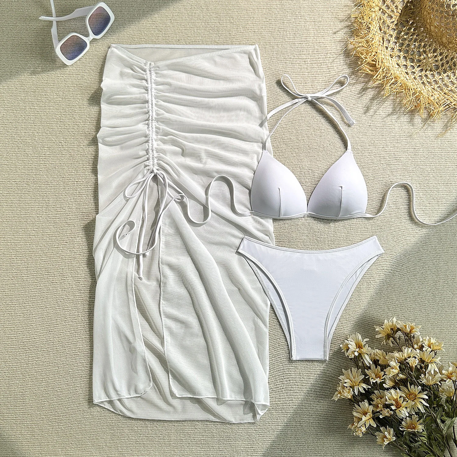 

sexy plain push up bikinis sets 3pcs with mesh perspective tie long skirt swimwear swimsuits women beach outfits biquini tankini