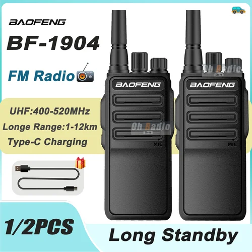 1/2 Uds Baofeng BF-1904 Walkie Talkie alta potencia UHF 400-520Mhz Radio FM tipo C carga de largo alcance portátil CB Ham Radio BF1904