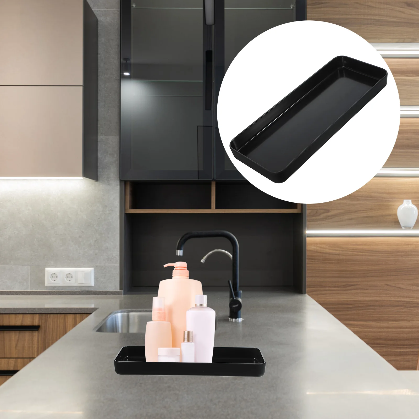 Rectangular Storage Bathroom Organizer Melamine Black Bathroom Storage Plate Tray Desktop Countertop HOLDER