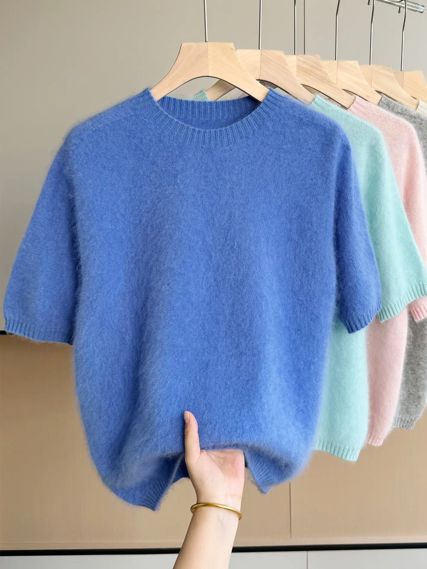 Round Neck Half Sleeve Women's 100% Merino Wool Knit Sweater  Soft Fuzzy Pullover Top Solid Color Loose Fit Autumn Winter  Warm