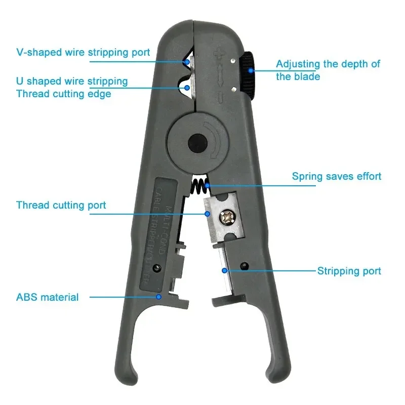 1PC Gray Wire Stripper with Knob Dual Purpose Network Tool for Peeling and Cutting Rotating Manual Stripper Tool Accessories