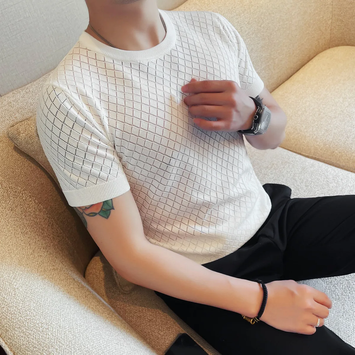 Men's Bamboo-Cool Knit Polo  Breathable Lattice Pattern Short Sleeve T-Shirt Semi-Formal Round Neck Summer Top Mesh Panels