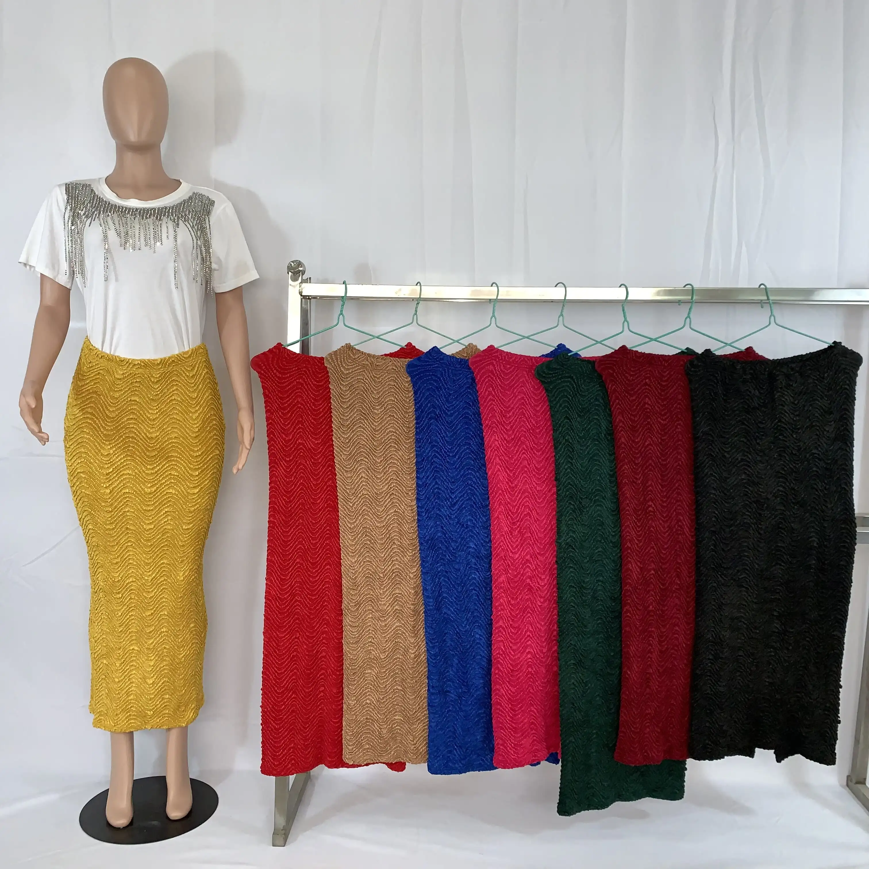 2024 Spring Summer 190904# New Type Knitted Long Fashion High Waist Pastel Hot Sale Dress Colorful Plus Size Skirt