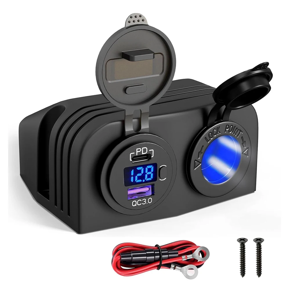 12V USB Outlet Tent Type Panel Dual Socket Adapter QC3.0 USB & 20W PD Type-C Charging with LED Voltage Display for Car Truck RV