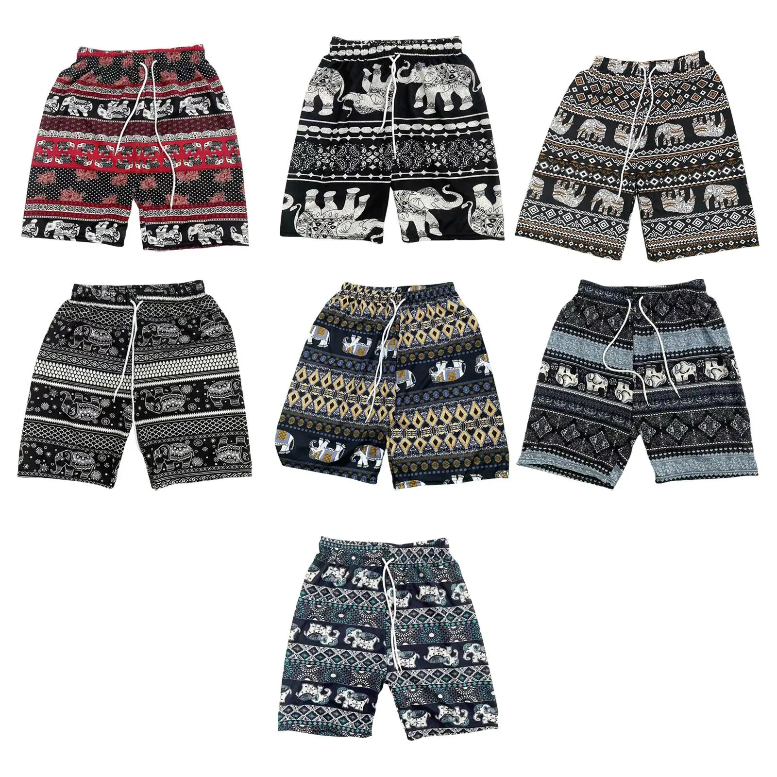 Beach Shorts for Women Men Summer Boho Festival Elephant Pattern Short Pants Baggy Hippie Bohemian Travel Clothes