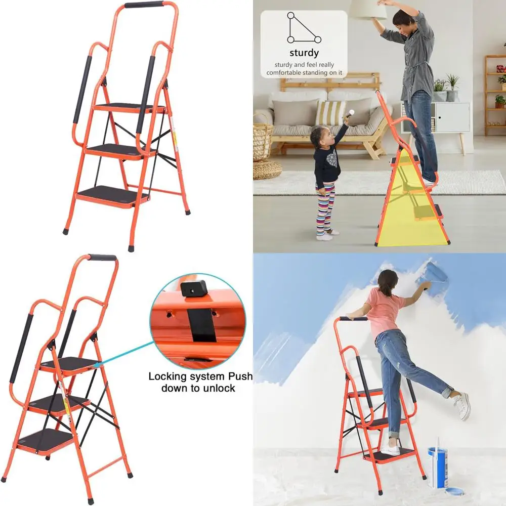 سلم أمان قابل للطي مضاد للانزلاق بثلاث خطوات مع درابزين مبطن ودواسات كبيرة لتعزيز الاستقرار #1