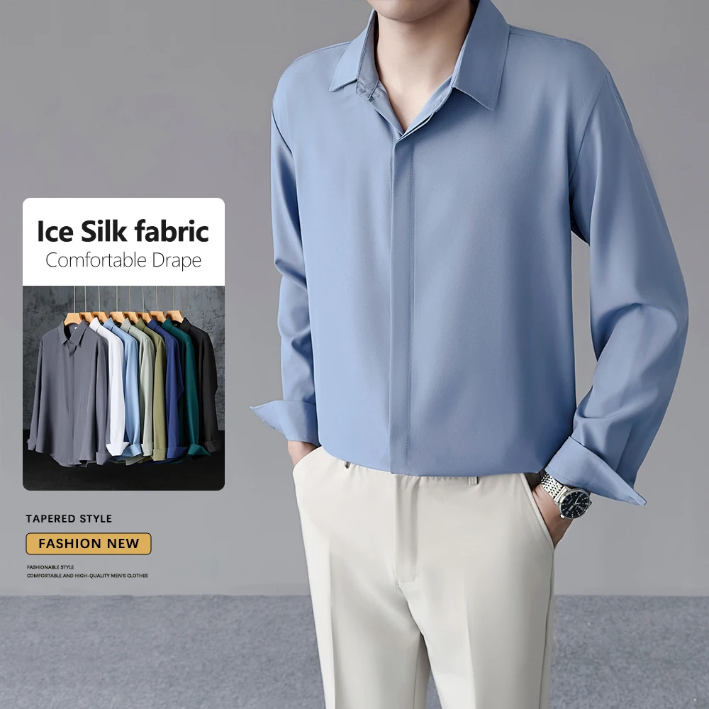 Spring Summer Thin Men's Cool Ice Silk Shirt Formal Business Casual Dress Drape Non-iron Anti-wrinkle Wedding Party Shirts