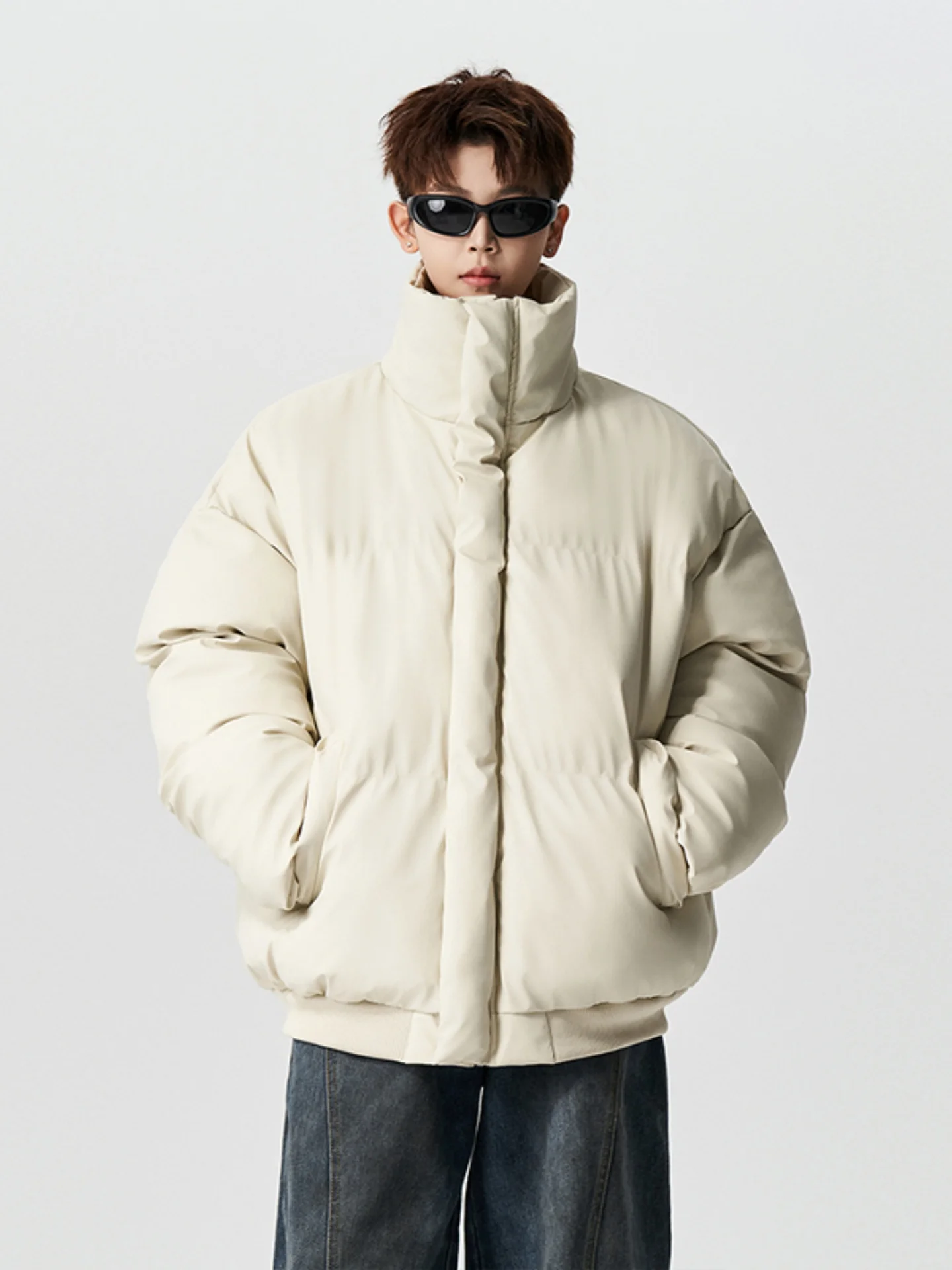 

American Sle Thiened PU Leather Cotton Jaet Men's Winter Loose Warm Stand Collar Bread Sle Coat Youth Casual Faion