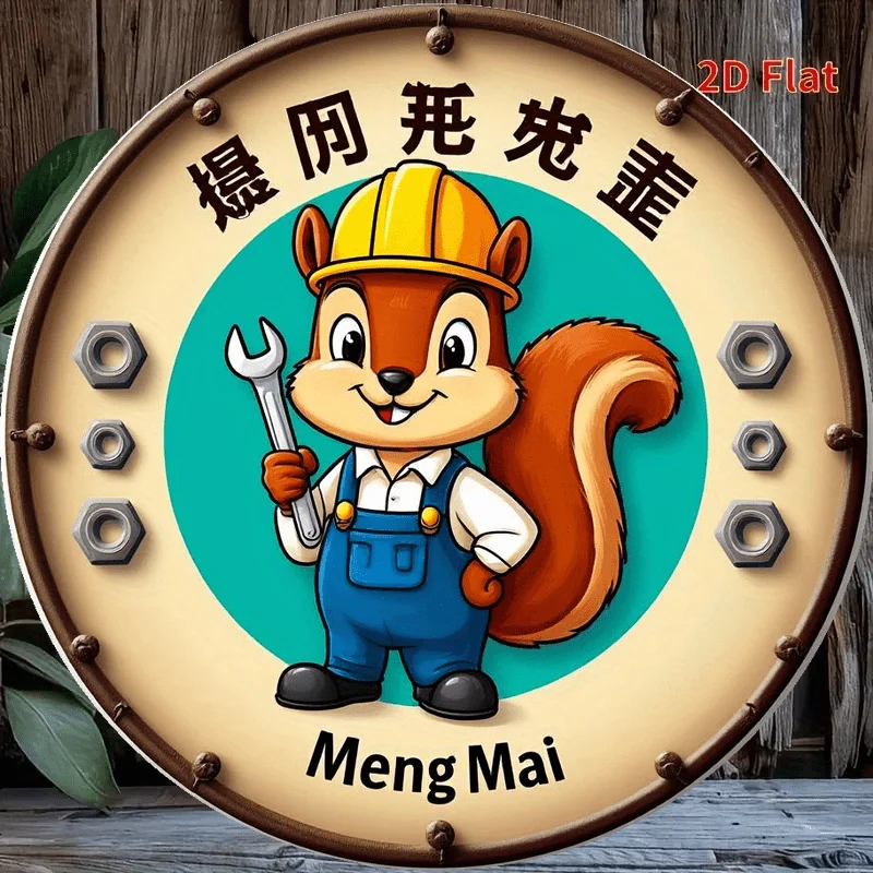 مسطح ثنائي الأبعاد - قطعة واحدة من لافتة ألومنيوم مستديرة مقاس 8 × 8 بوصة - ديكور حائط كرتوني على شكل سنجاب ساحر مع خلفية خضراء ريفية، مثالي #1