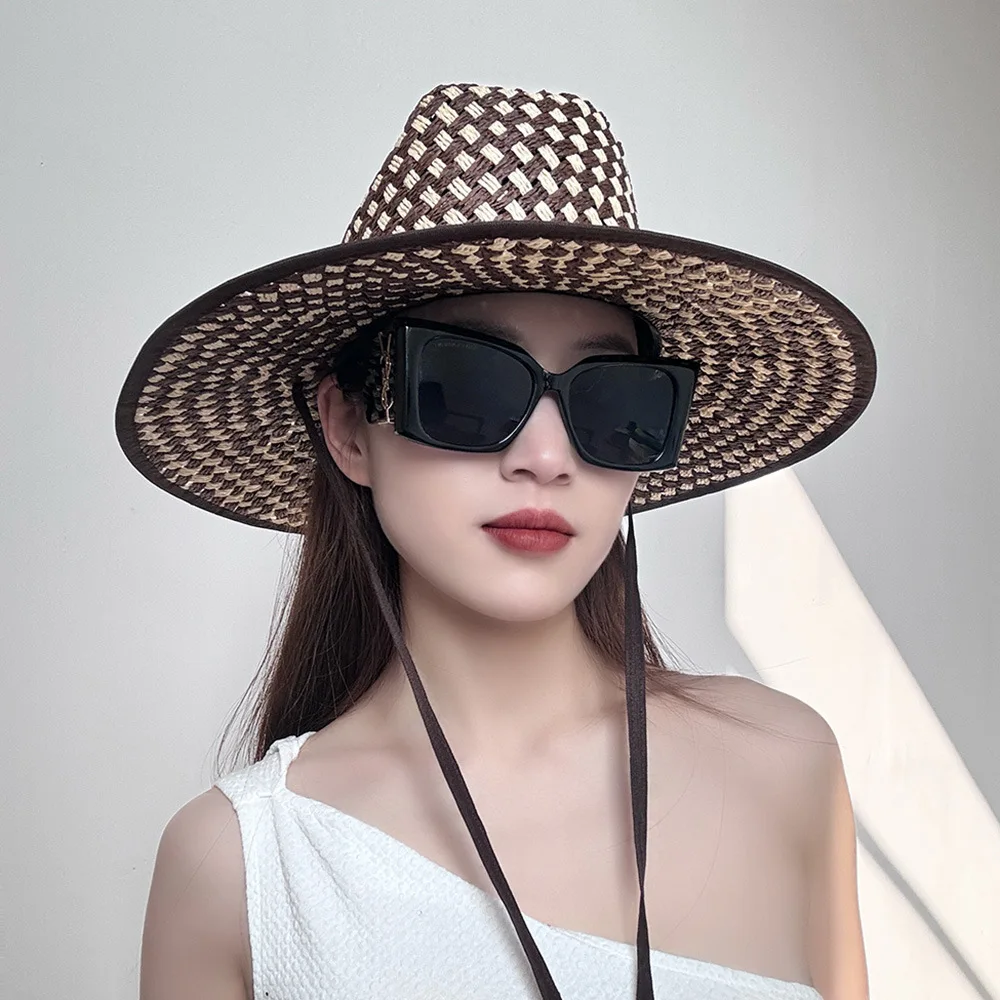 جديد 2025 اليد المنسوجة نغمتين واسعة حافة ورقة القش فيدورا قبعة الصيف واسعة حافة السفر بنما في الهواء الطلق الشمس حماية القش قبعة #2
