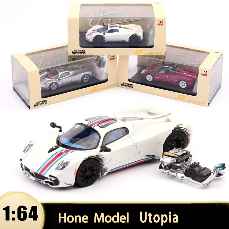 

Модель автомобиля HM Diecast Utopia из сплава, масштаб 1:64, с имитацией двигателя из смолы, коллекционный сувенир, подарок, игрушка, украшение для витрины