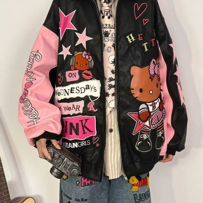 Sanrio Hello Kitty Cartoon Embroidered Jacket Baseball Jacket girl Fall Winter Style Biker Jacket Retro Color Block Casual Wear