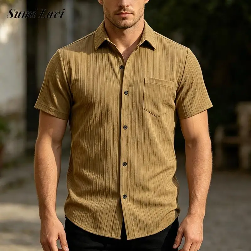

Daily Leisure Mens Solid Color Shirts Summer Fashionable Loose Short Sleeve Shirt Men Vintage Button-up Lapel Textured Cardigan