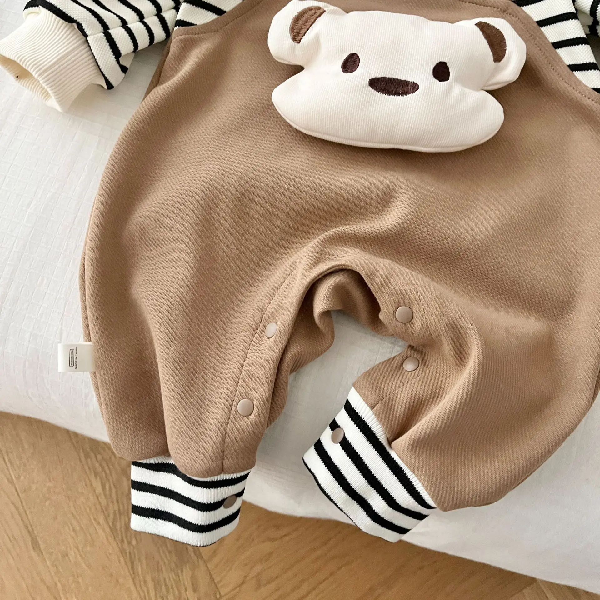 2024 Spring Autumn Kids Newborn Boys Romper - Infant Baby Striped Fake Two Pieces 3D Bear Jumpsuits 0-24M