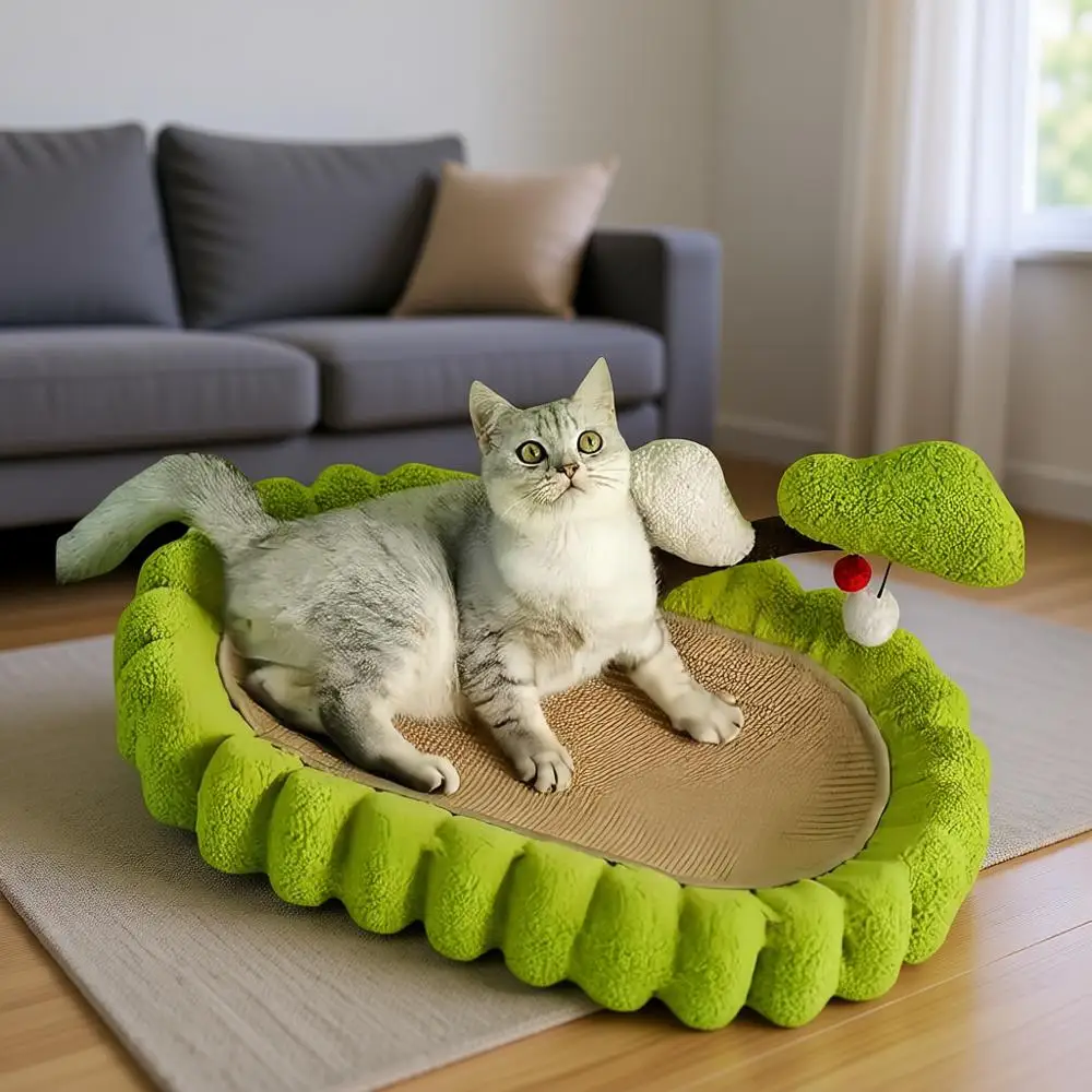 

Hand-Woven Sisal Cat Scratcher Bed, 3-in-1 Design with 2 Pompom Toys, Green Small Tree Scratch Post & Lounge, Durable Furniture