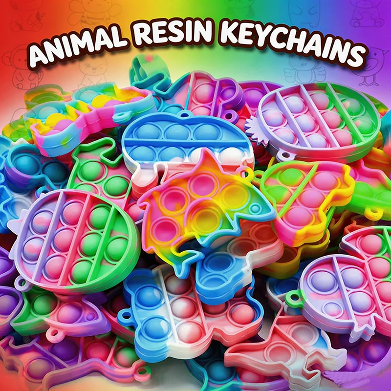 Rainbow Animal Themed Fidget Mini Pop Keychain Sensory Toy for Kids - Birthday Summer Party Favors Holiday Gifts for Children