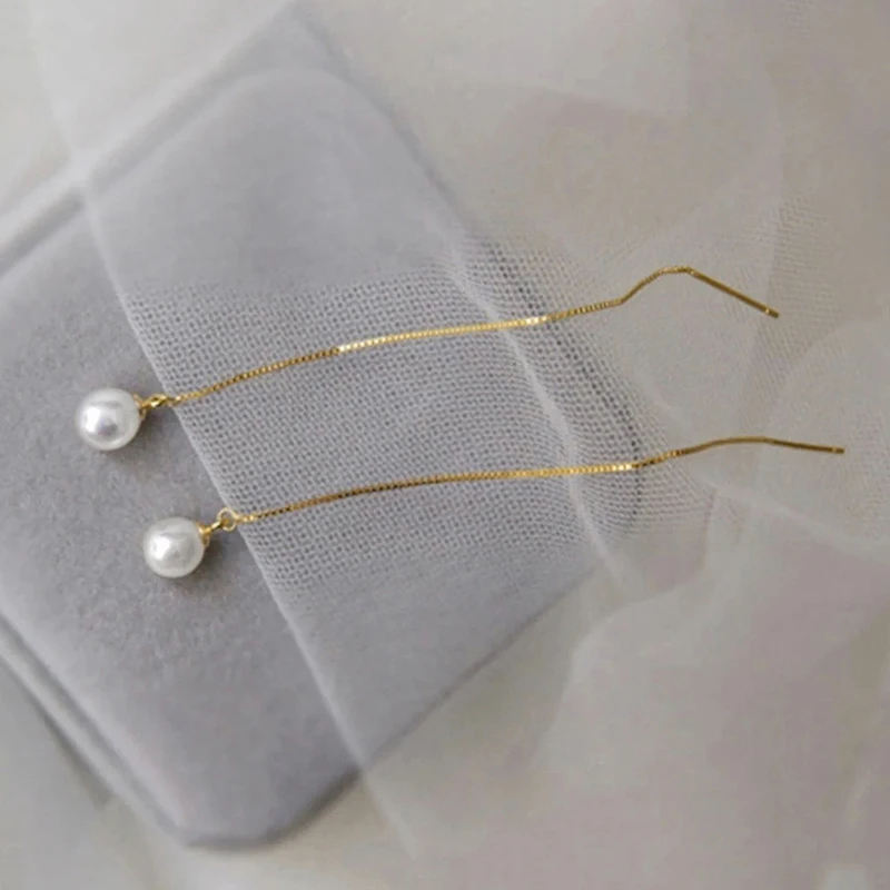Huitan Dainty Long Hanging Earrings Lady Engagement Jewelry Ear Pendants with Simulated Pearl Graceful Gold Color Accessories
