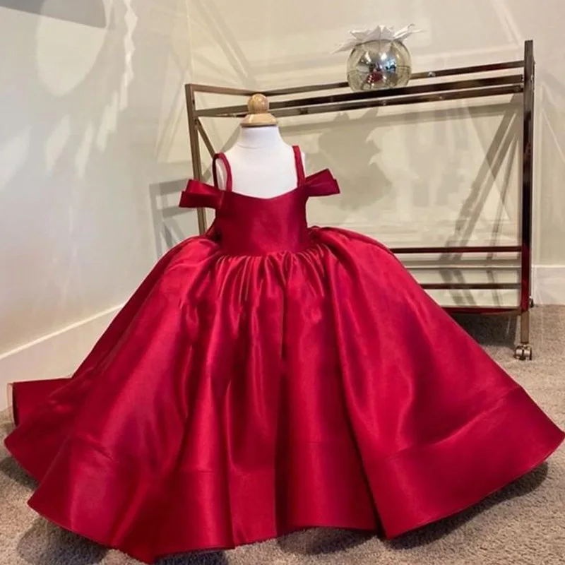 Children's beauty pageant red Bow satin one shoulder drag tail evening party dress flower girl bridesmaid wedding dress