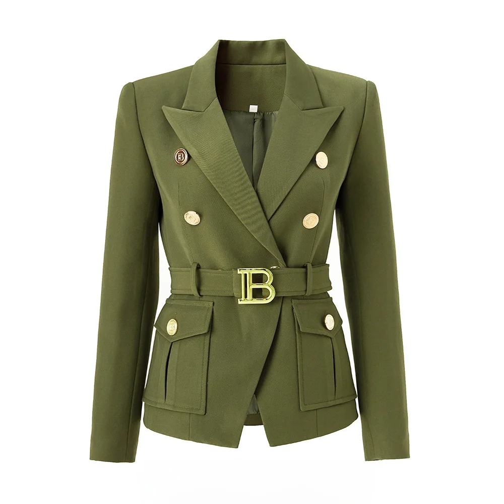 

Spring Autumn New Style Slim Fit Military Green Suit Jacket with Belt And 3D Pocket Decoration Elegant Women's Business Wear