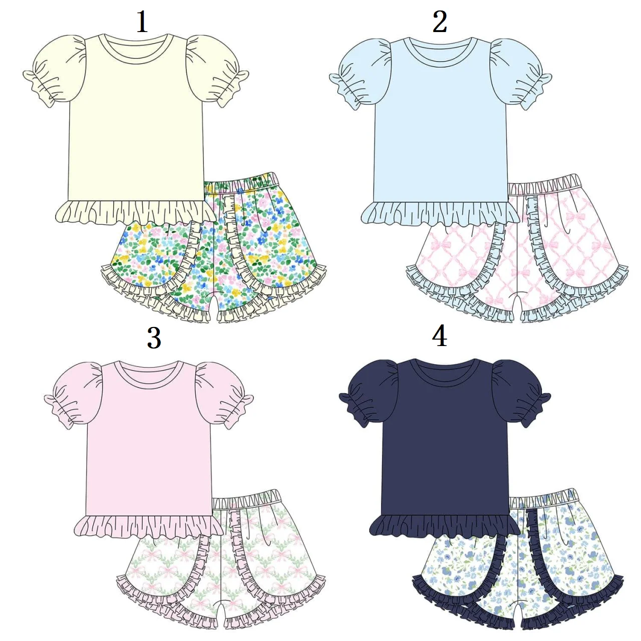 

Toddler Girls Set Matching Four Sets Solid Color Puff Sleeve Top Floral Shorts Set Wholesale Custom