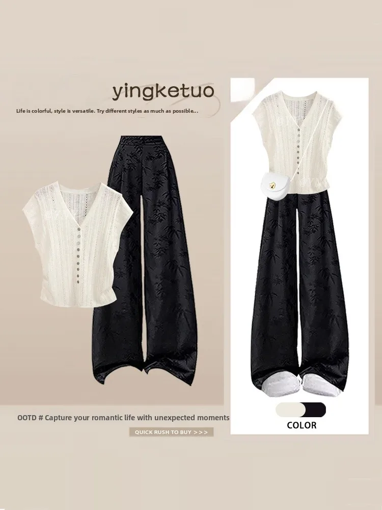 Summer V-neck Short Sleeve Loose Women's Top And Pants Set Casual Pattern Two-piece Set Slimming Effect Outerwear Innerwear