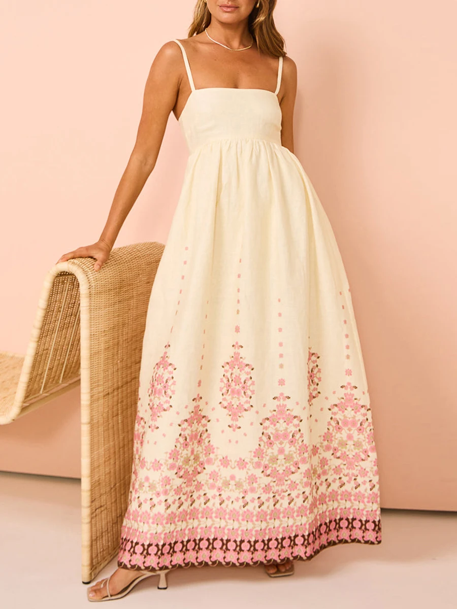 Frauen Sommer Spaghetti träger langes Maxi kleid ärmelloses quadratisches Hals fließendes Boho Blumen Sommerkleid mit Taschen