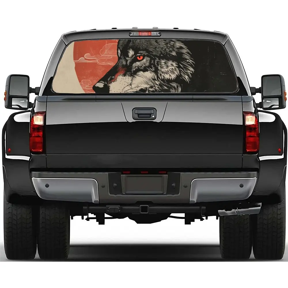 

Fierce Red Eyed Sharp Teeth Wolf Car Rear Windshield Sticker Truck Window See Through Perforated Back Window Vinyl Decal Decor