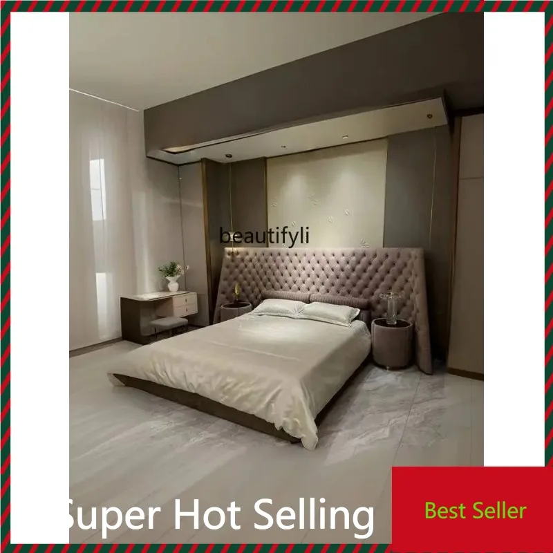 K132 Italian minimalist leather bed atmosphere modern minimalist buckle master bedroom soft bag double bed