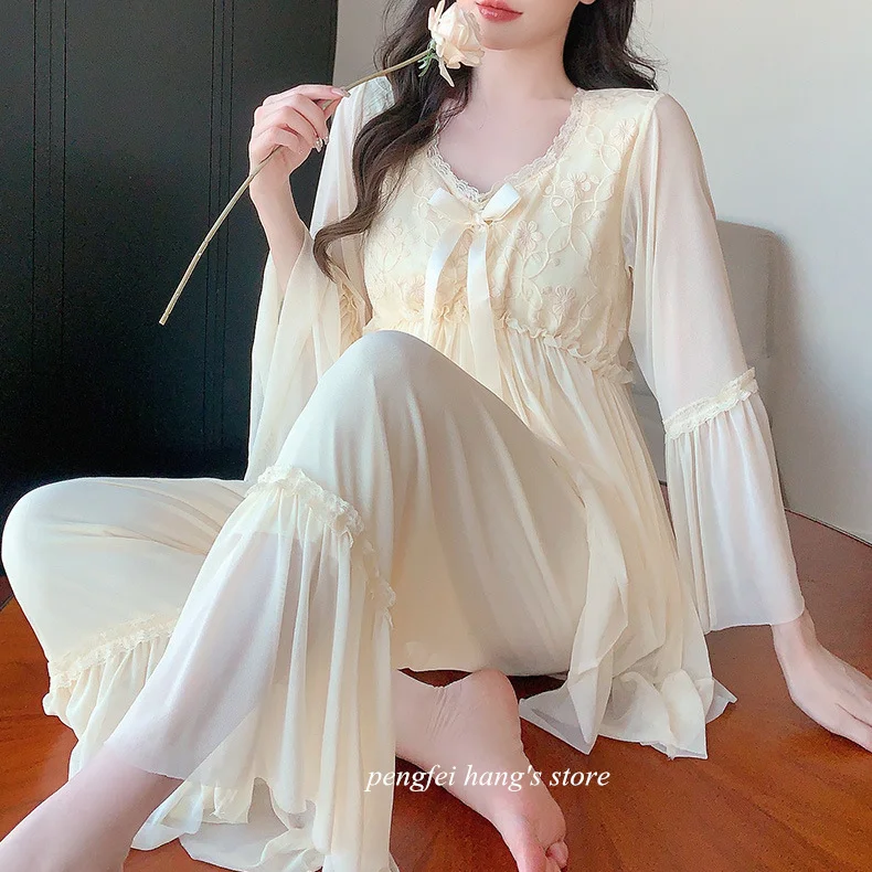 Princess Style Mesh Nightwear Long Sleeve Pajamas Suit Girl Sweet Homewear Spring Summer Pyjamas Modal Shirt&pants Loungewear