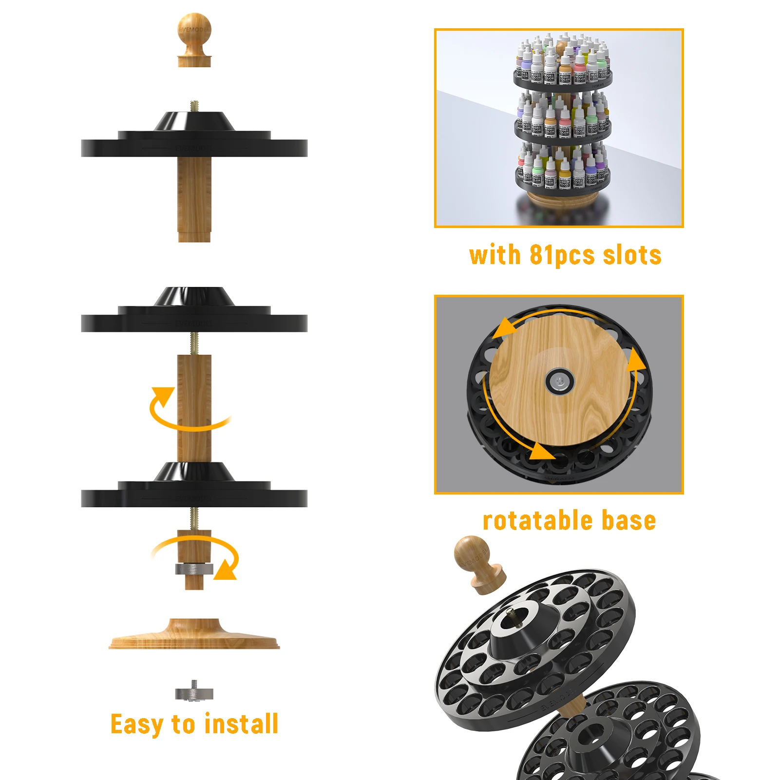 Evemodel Rotatable Paint Organizer 25.5mm Slot Pigment Bottle Spinning Rack Stand Holder Shelf for AV/AK 17ml Bottle SN04M