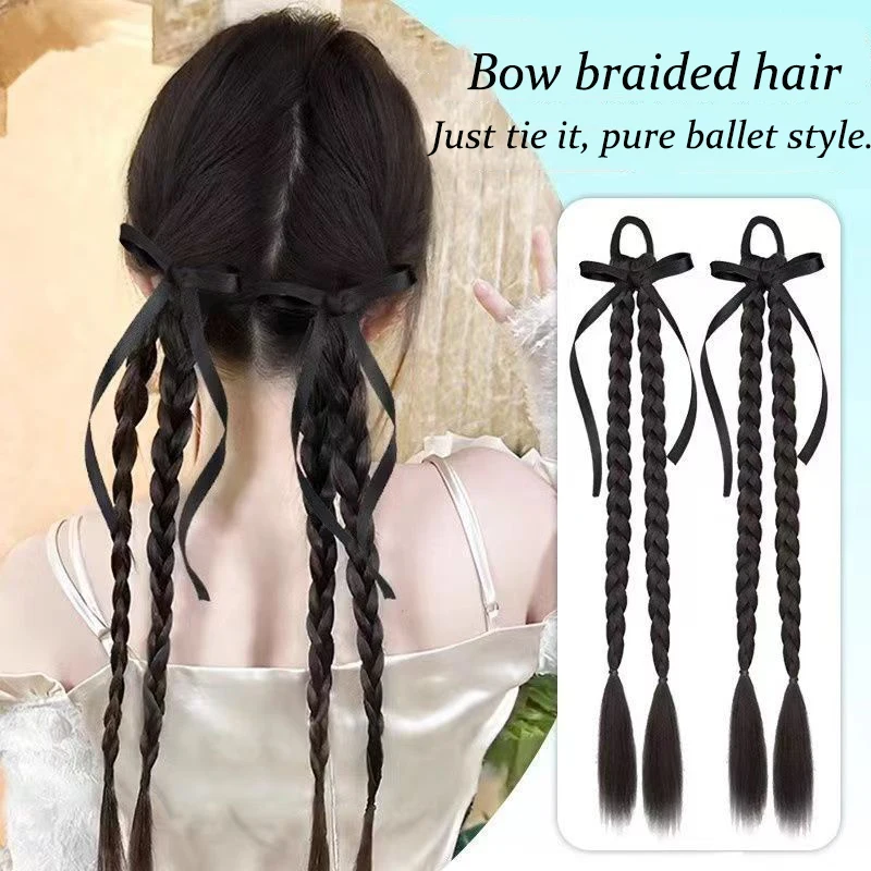 2pc Synthetic Braided Twist Braids ponytail Hair Extension Black Wig Long Ponytail Hair Band Rubber Band Women's Realistic Wig