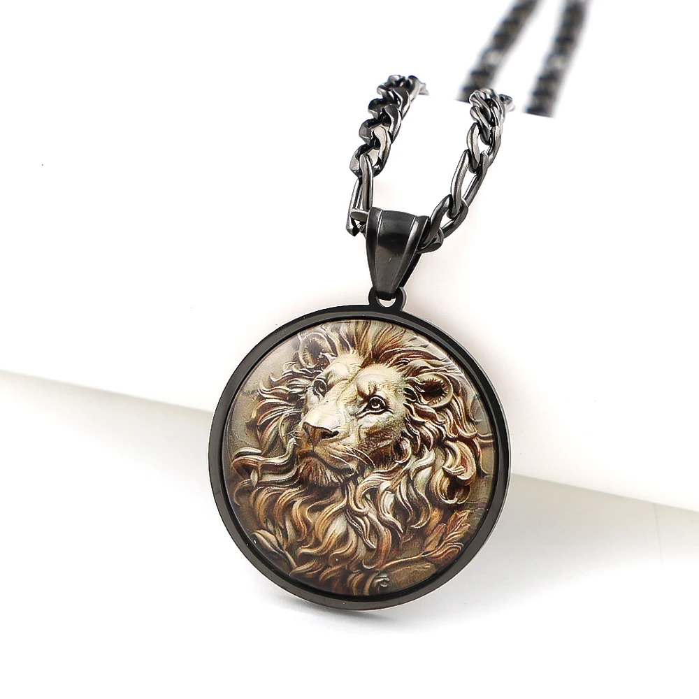Vintage Lion King Head Glass Round Medal Pendant Necklace for Women Men Gold Plated Stainless Steel Animal Lover Chain Jewelry - view 4